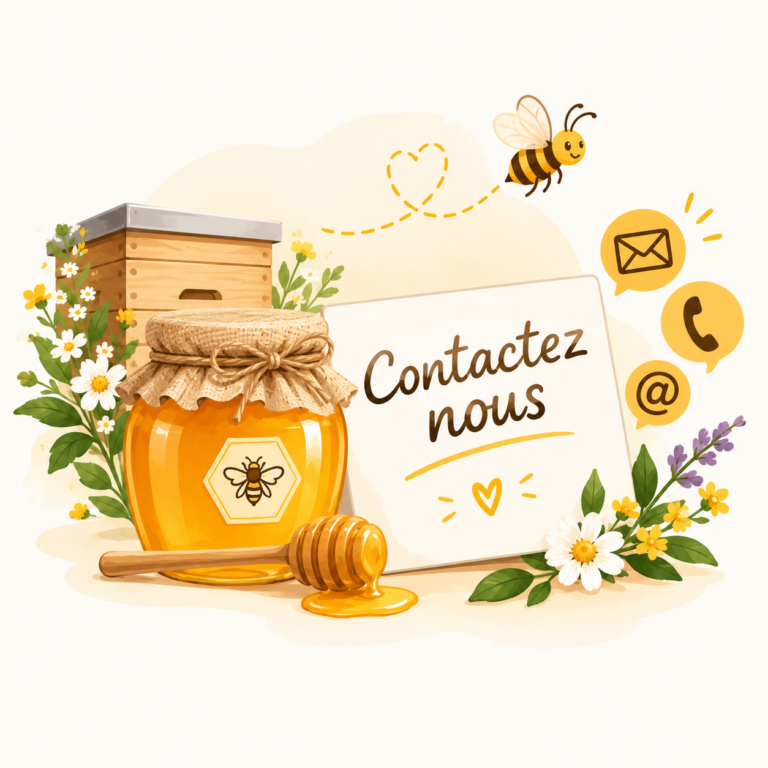 Illustration de contact : ruche, pot de miel et carte « Contactez-nous » avec icônes e-mail et téléphone